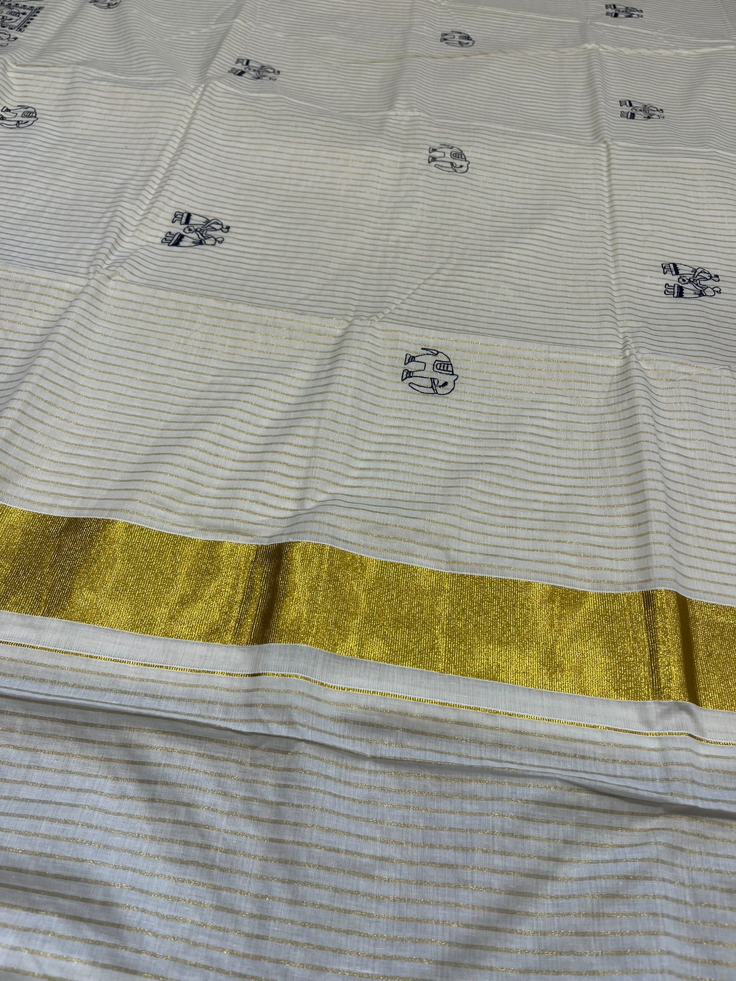 Kerala Cotton Kasavu Saree With Mural Festival Parasol Stripes and Black Elephant Design And Embroidery Work