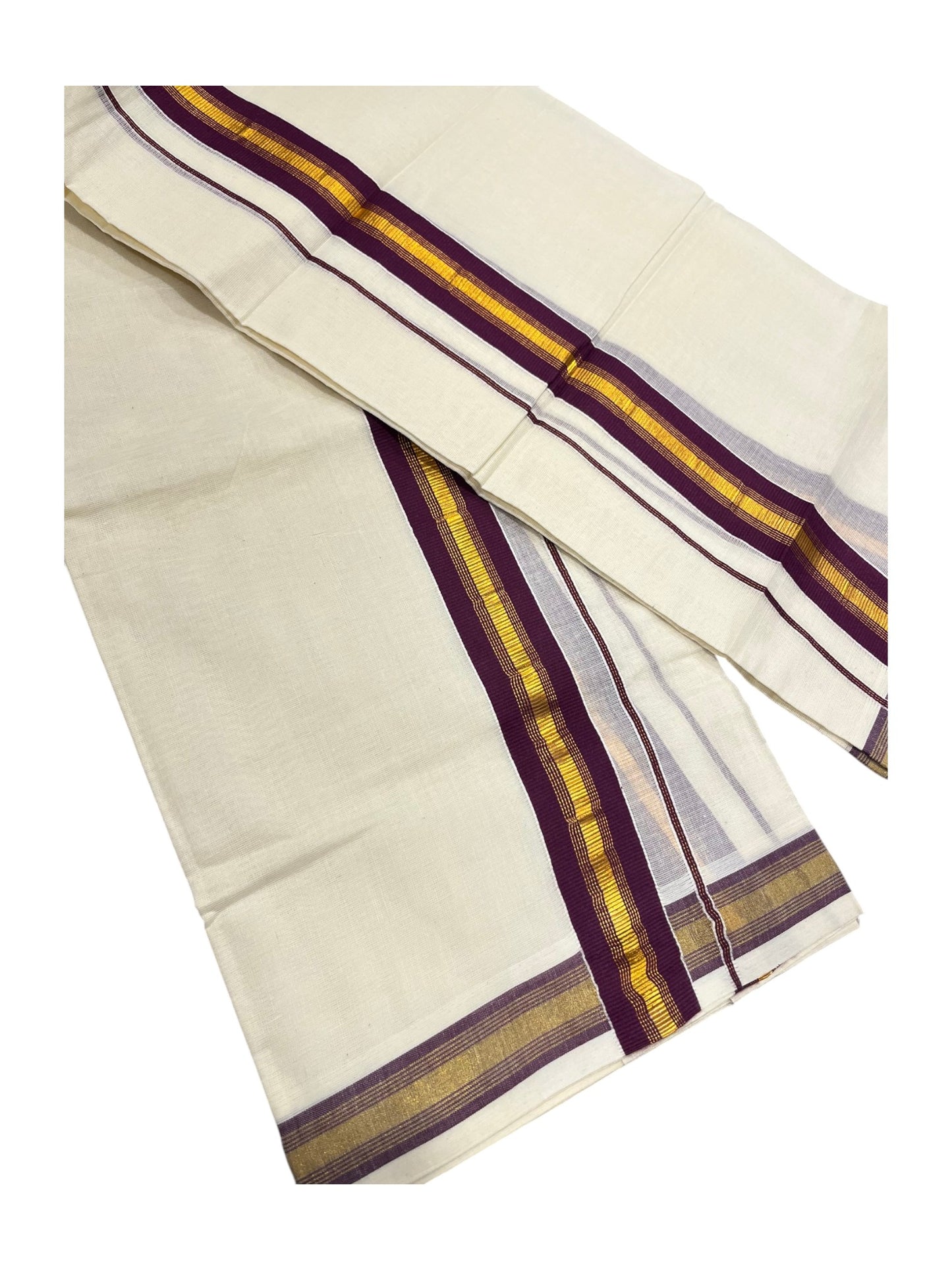 Southloom Kerala Cotton Single Set Mundu (Mundum Neriyathum) with Kasavu and Purple Border