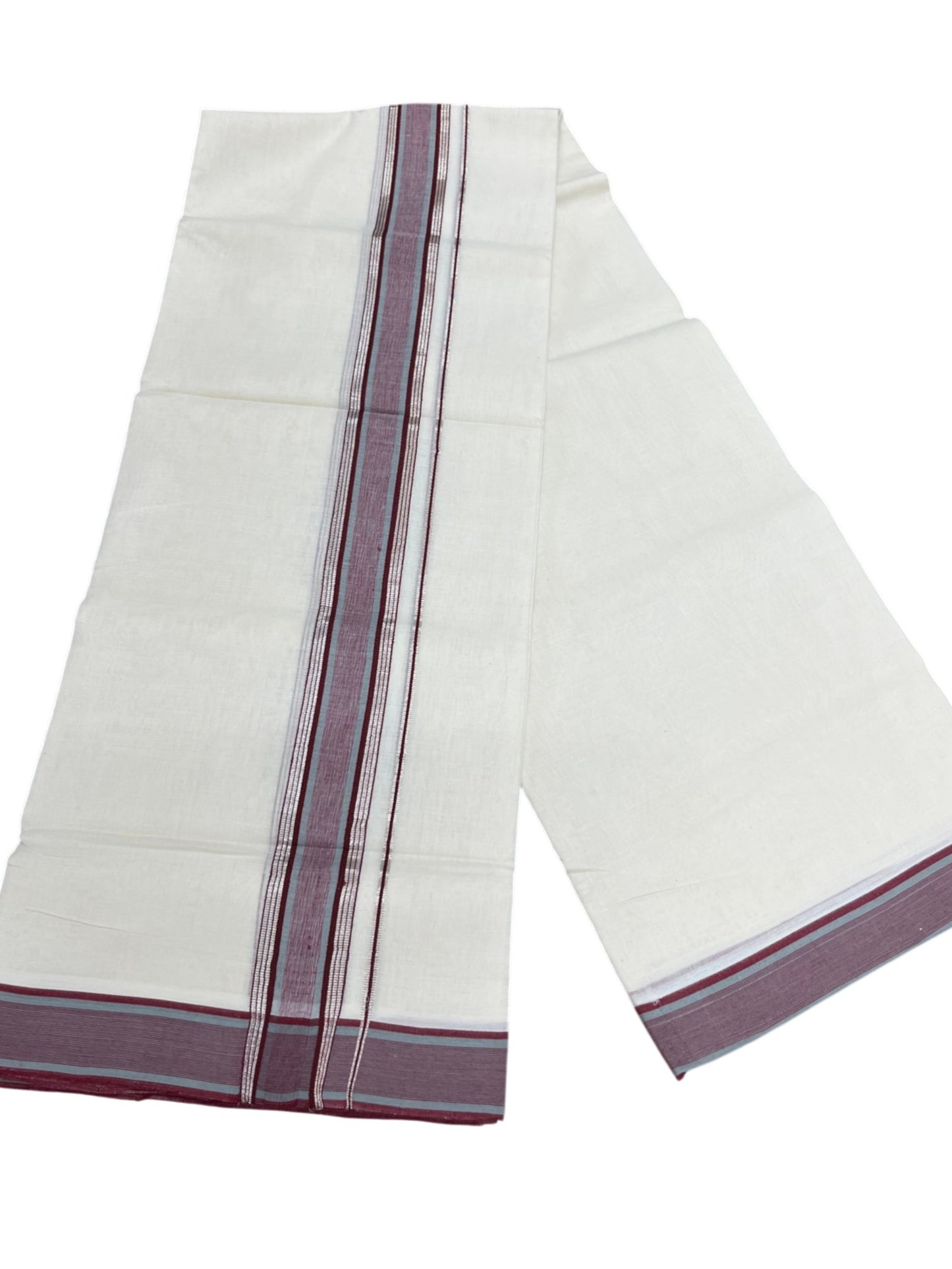 Southloom Balaramapuram Unakkupaavu Premium Handloom Cotton Double Mundu with Silver Kasavu and Maroon Border