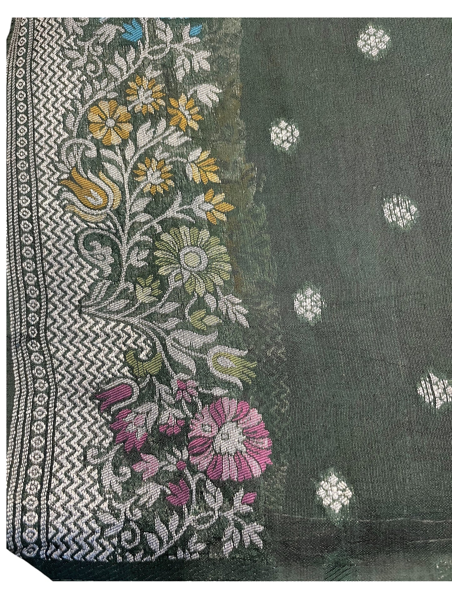 Southloom Banarasi Silk Saree with Woven Work on Body and Borders (Green & Purple)