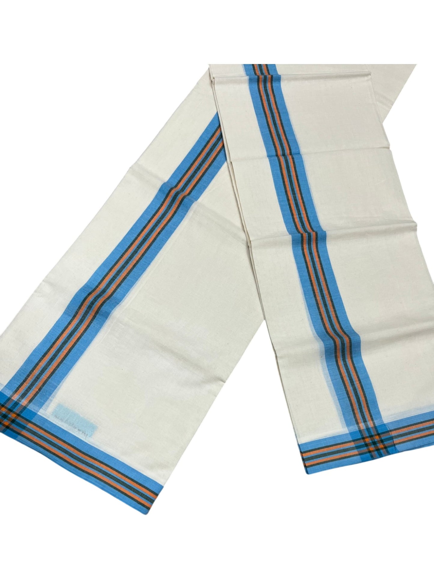 Southloom Pure Cotton Kerala Single Mulloth Set Mundu (Mundum Neriyathum) Blue & Orange Border in 2.50 mtrs SL243