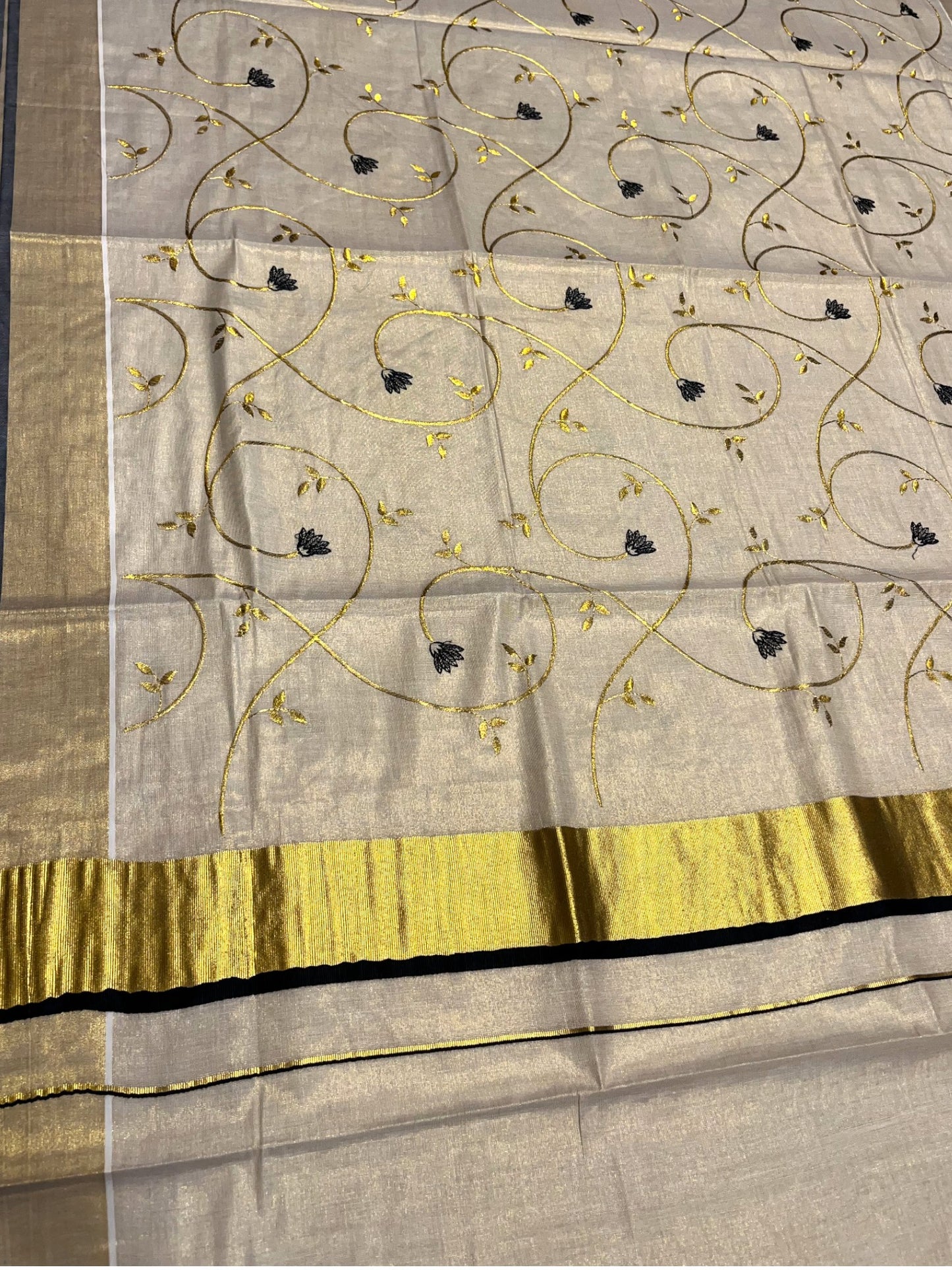 Southloom Kerala Tissue Plain Kasavu Saree with Black ang Gold Embroidery Saree