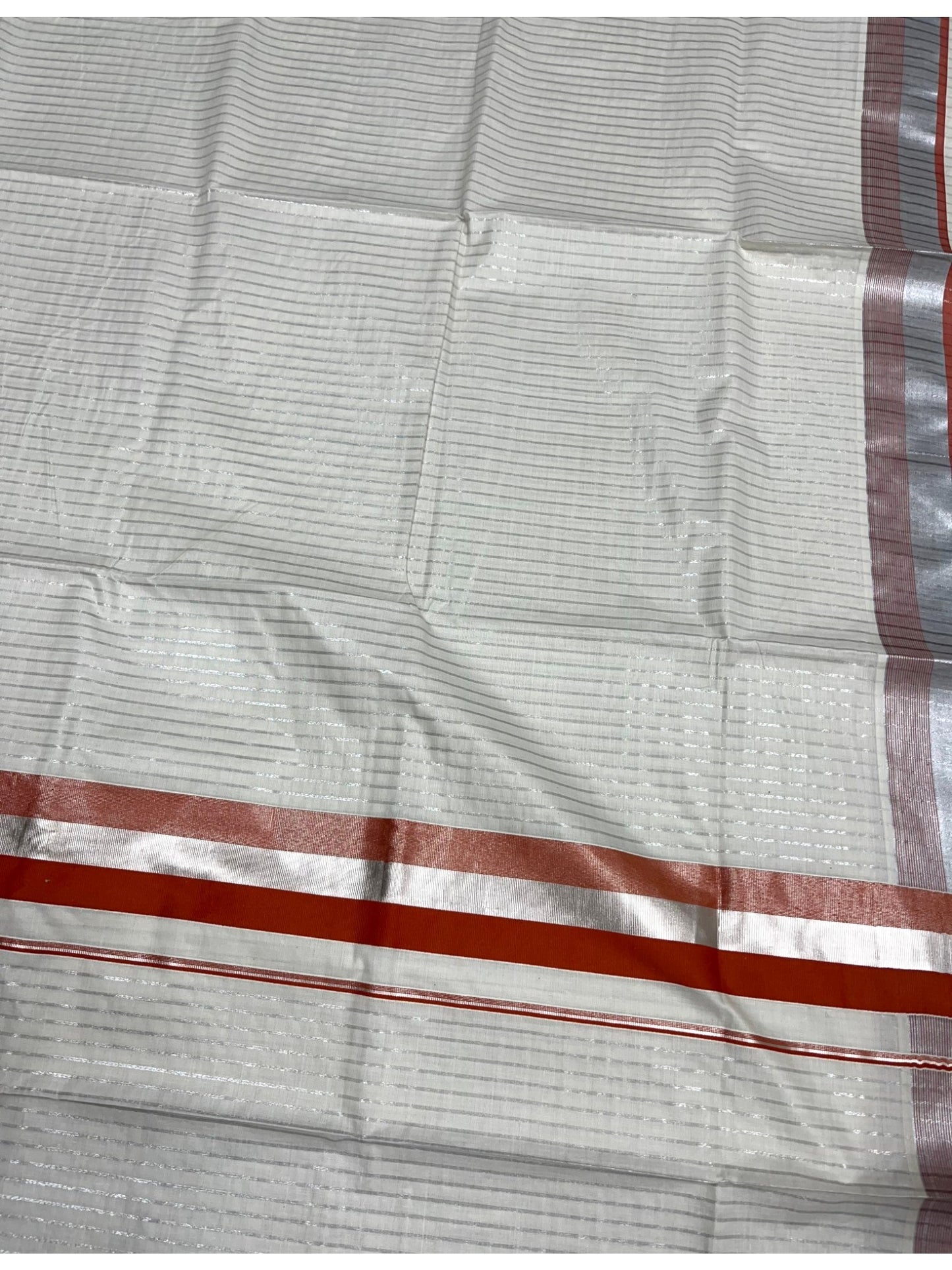 Southloom Pure Cotton Kerala Saree with Silver Kasavu Lines Across Body and Orange Border