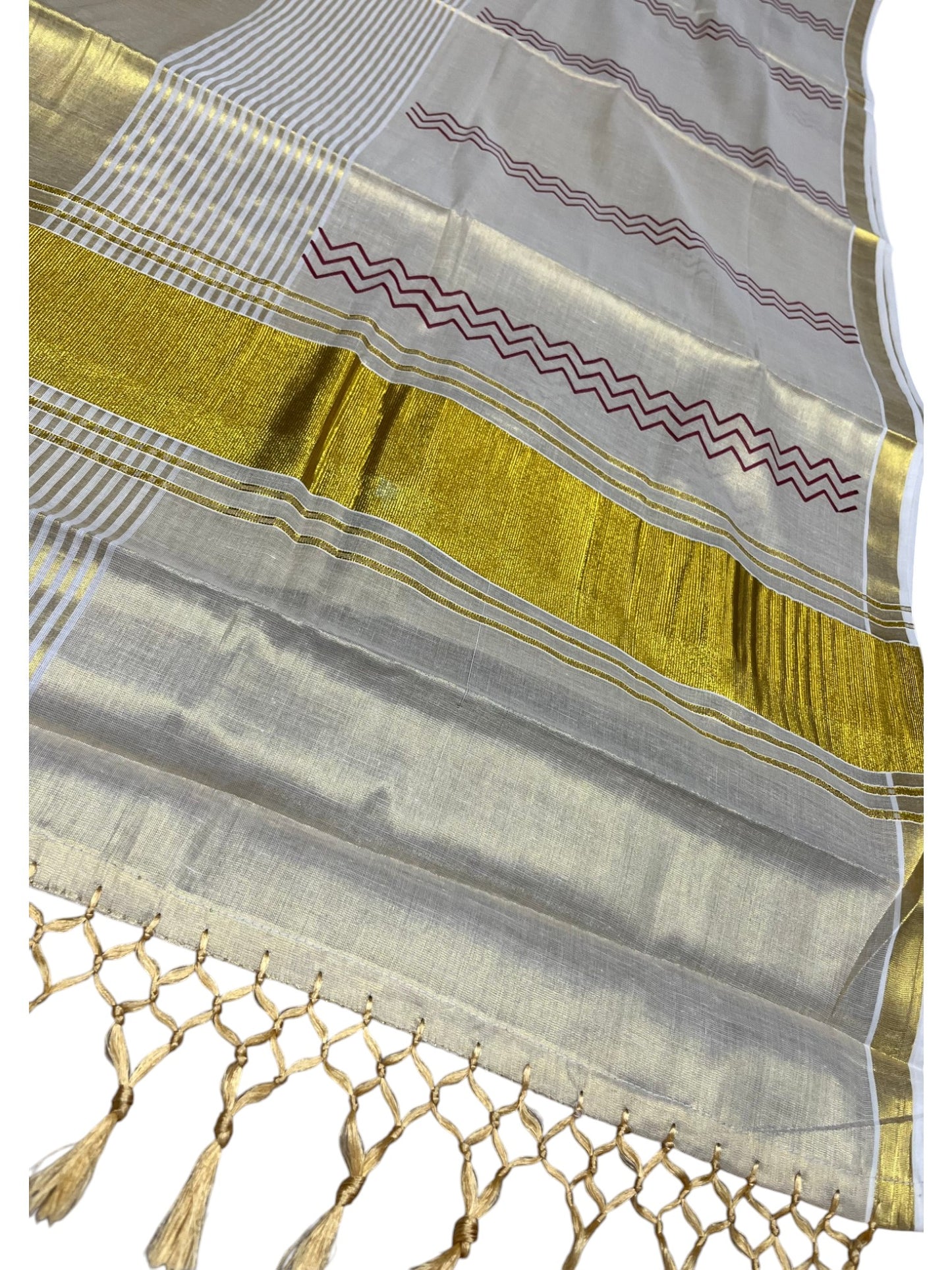 Southloom Kerala Tissue Kasavu Saree Maroon Hand Printed