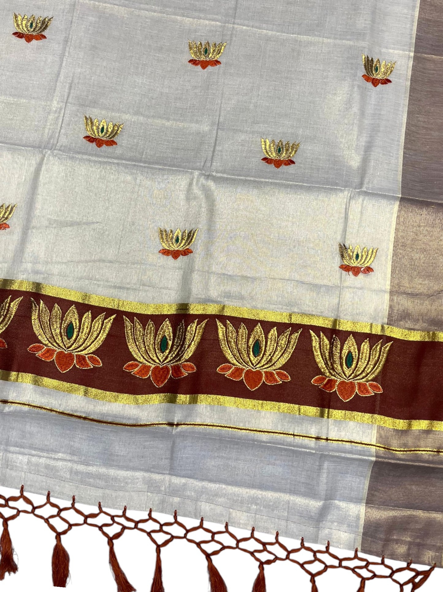 Southloom Kerala Tissue Kasavu Saree with Brown And Golden Lotus Embroidary Works on Body SL273