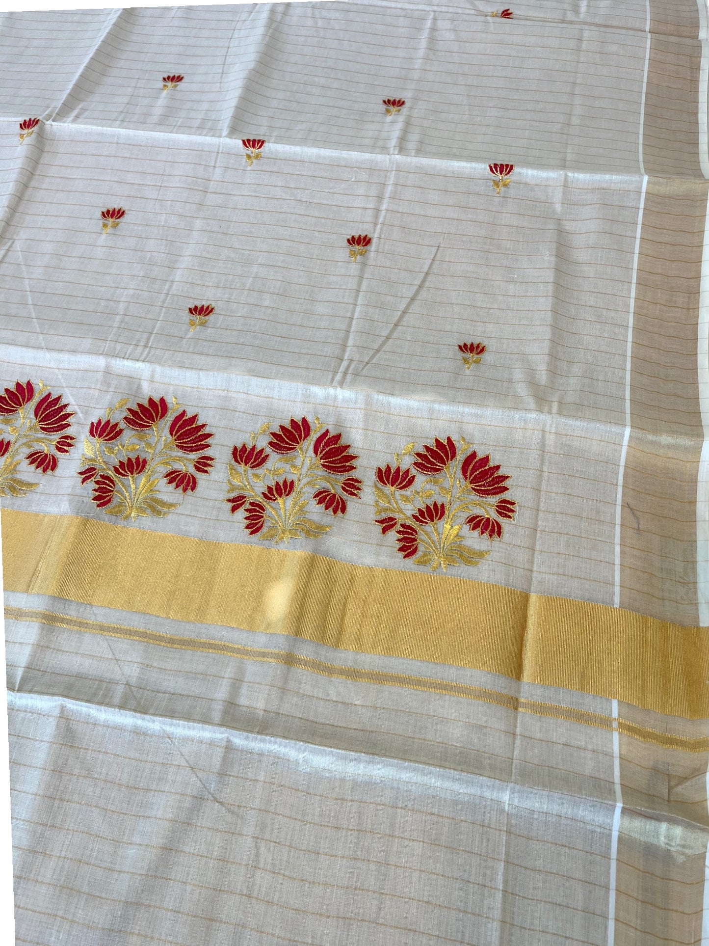 Southloom Kerala Tissue Stripes Kasavu Saree Red Floral Embroidery Design