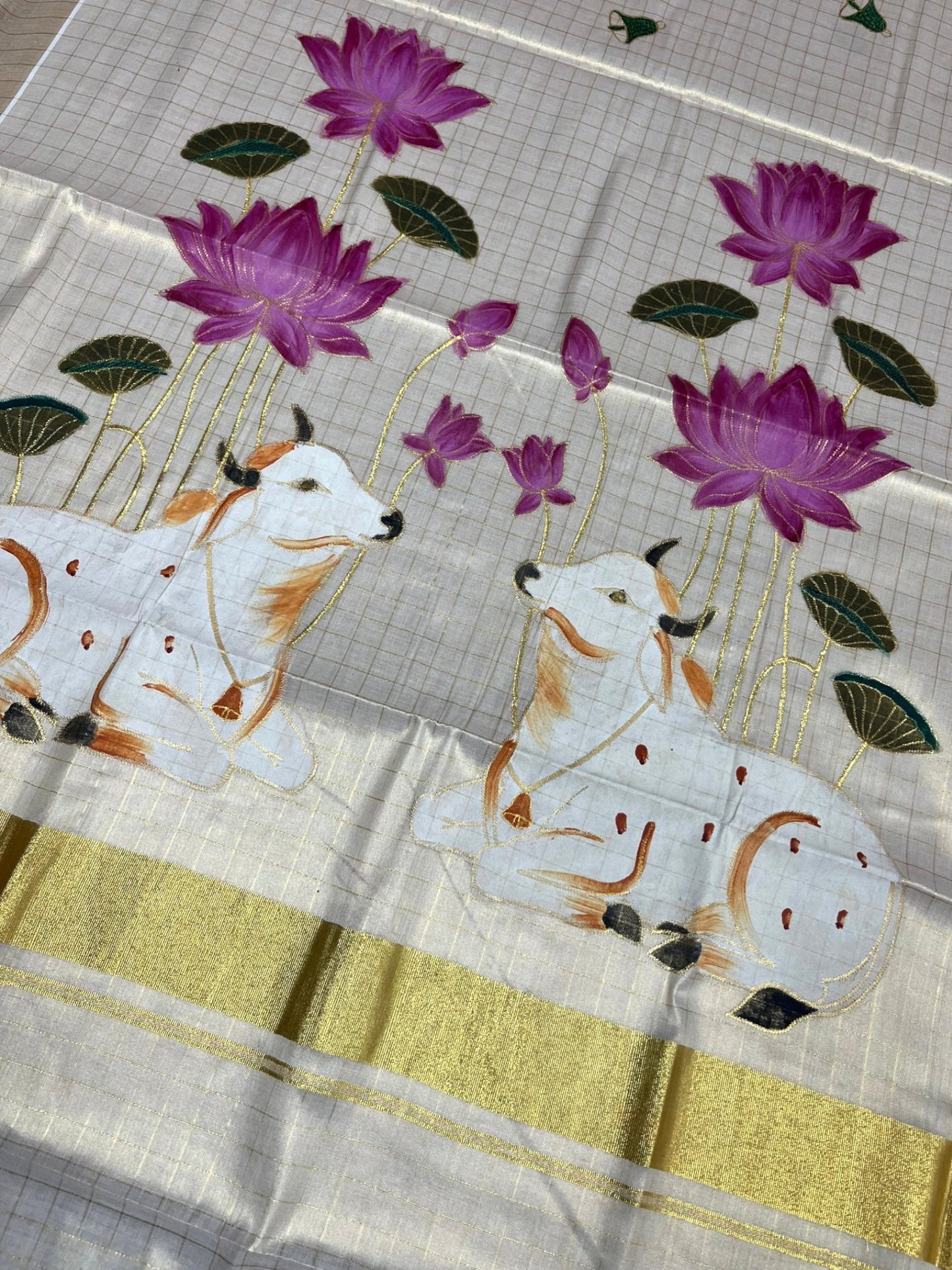 Southloom Tissue Kerala Kasavu Saree with Check Hand Painted Embroidery Nandi and Lotus Design