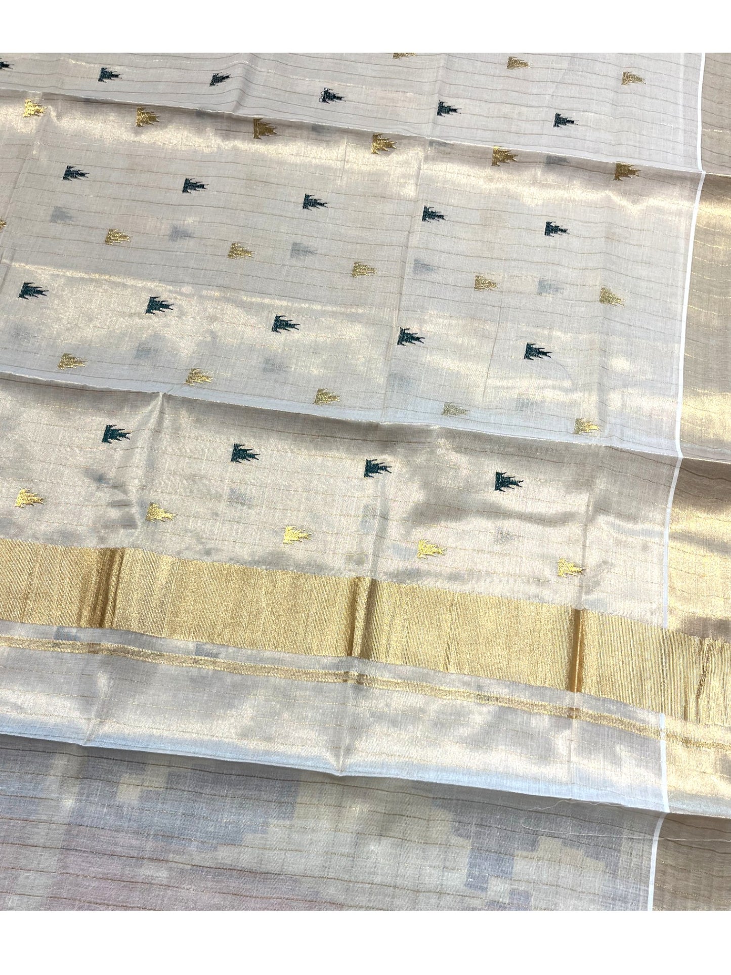 Southloom Kerala Tissue Kasavu Stripes Saree With Green Temple Embroidery on Body