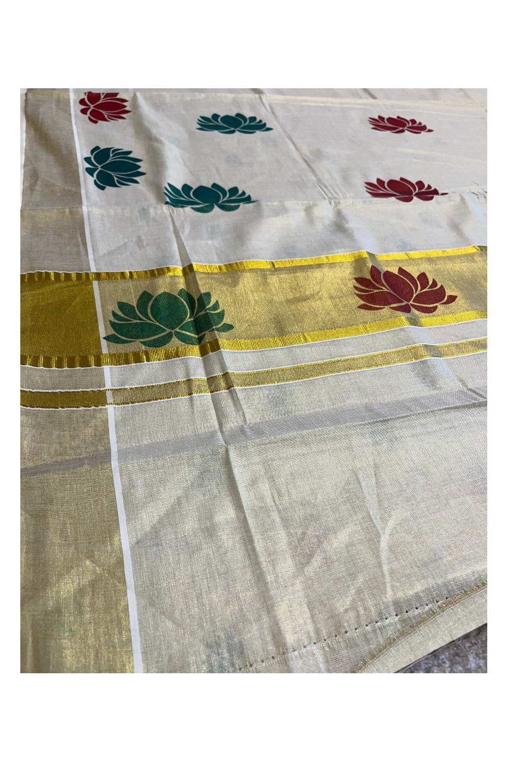 Southloom Kerala Tissue Saree with Green And Maroon Lotus Block Prints On Kasavu Border
