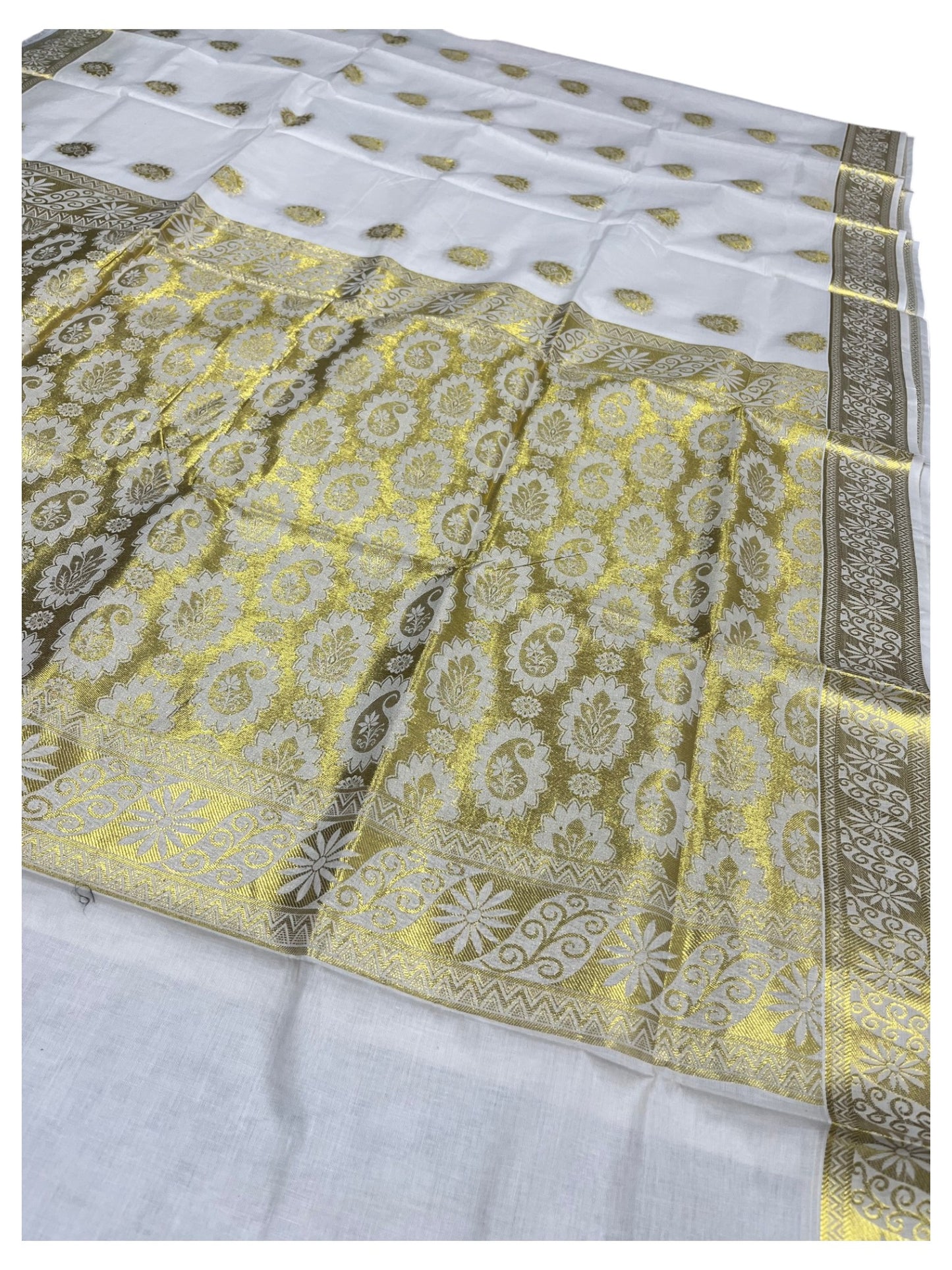 Southloom Pure Cotton Kerala Kasavu Heavy Work Saree with Paisley Floral Woven Design