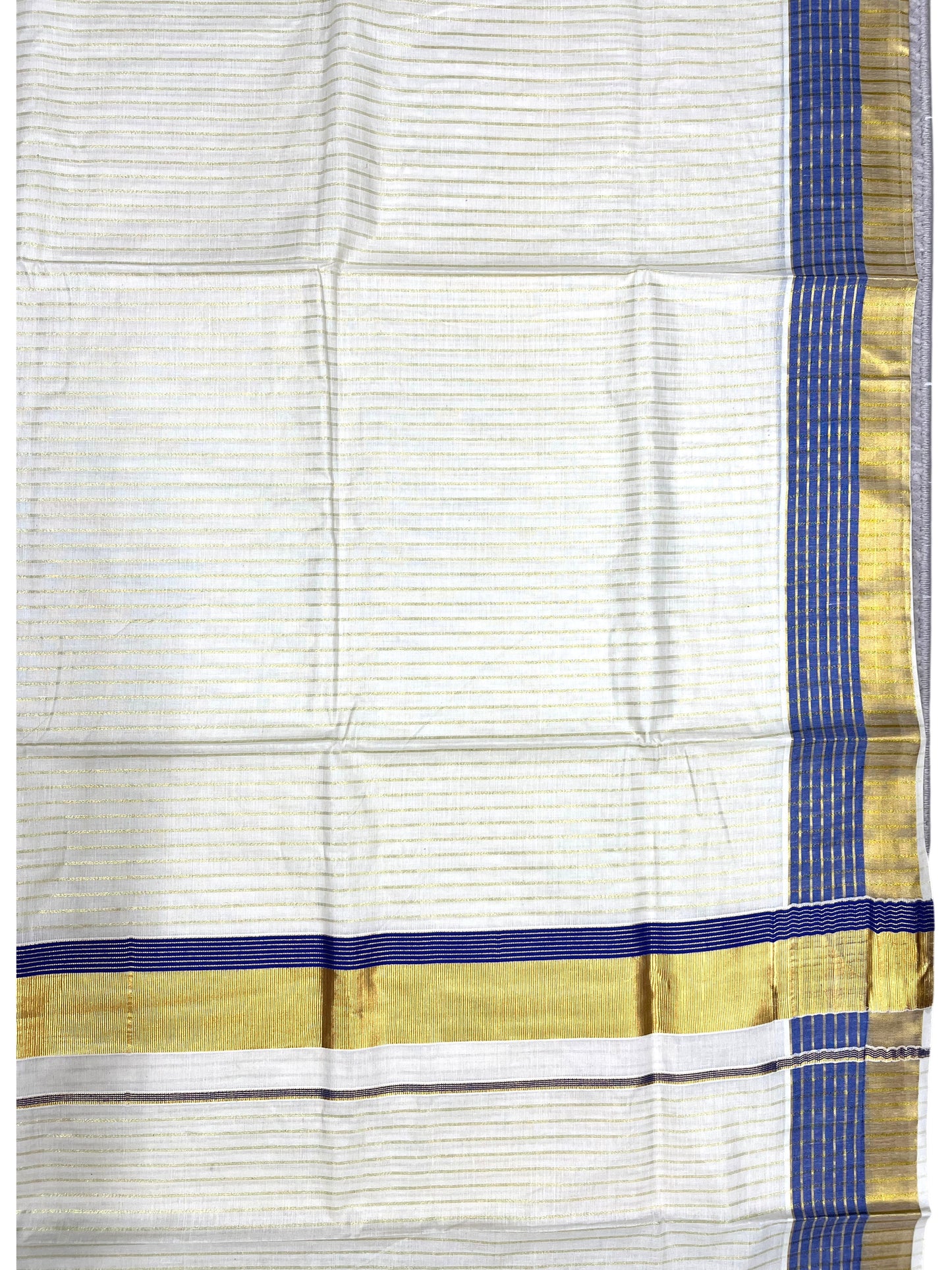 Southloom Pure Cotton Kerala Kasavu Lines Design Saree with Blue Border