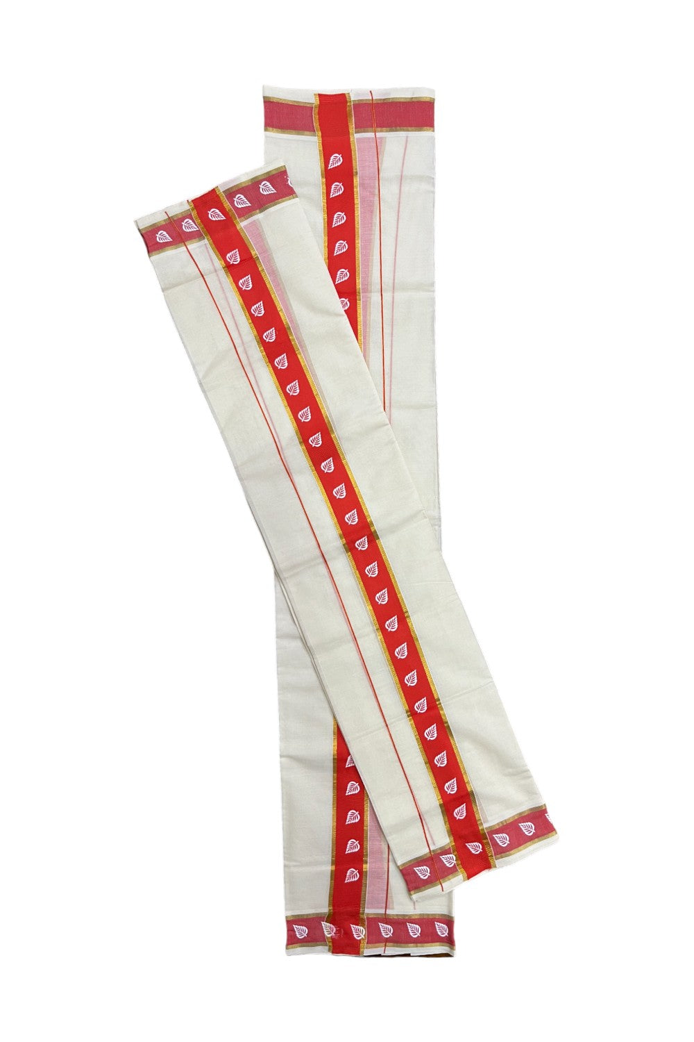 Kerala Cotton Single Set Mundu (Mundum Neriyathum) with Leaf Block Prints on Red and Kasavu Border - 2.60Mtrs