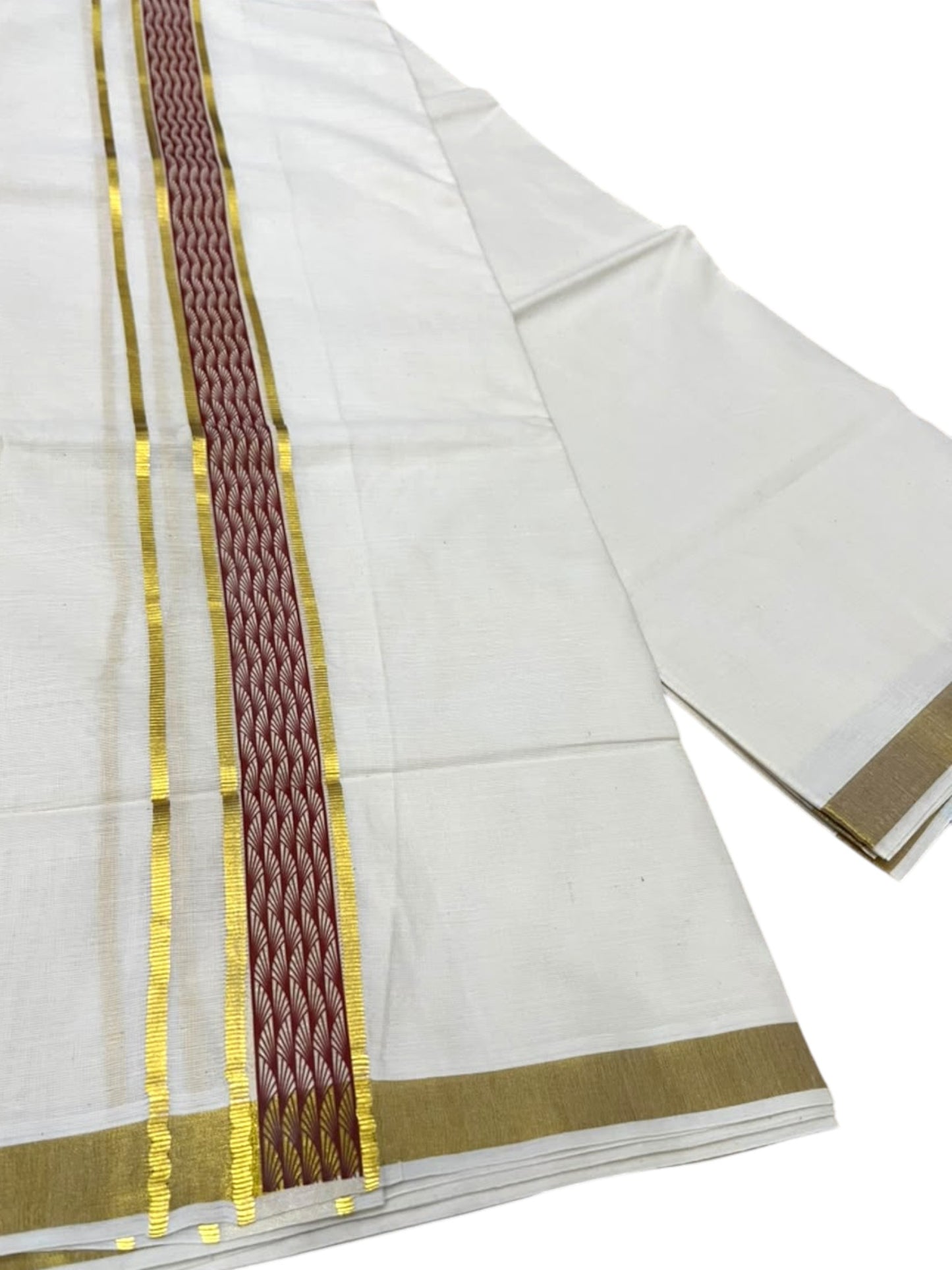 Southloom Pure Cotton Double Mundu with Maroon Block Printed And Ksavu Border (South Indian Kerala Dhoti)