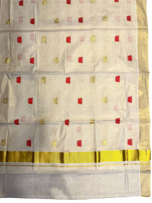 Southloom Kerala Tissue Kasavu Plain Saree with Red Lotus Embroidery Works