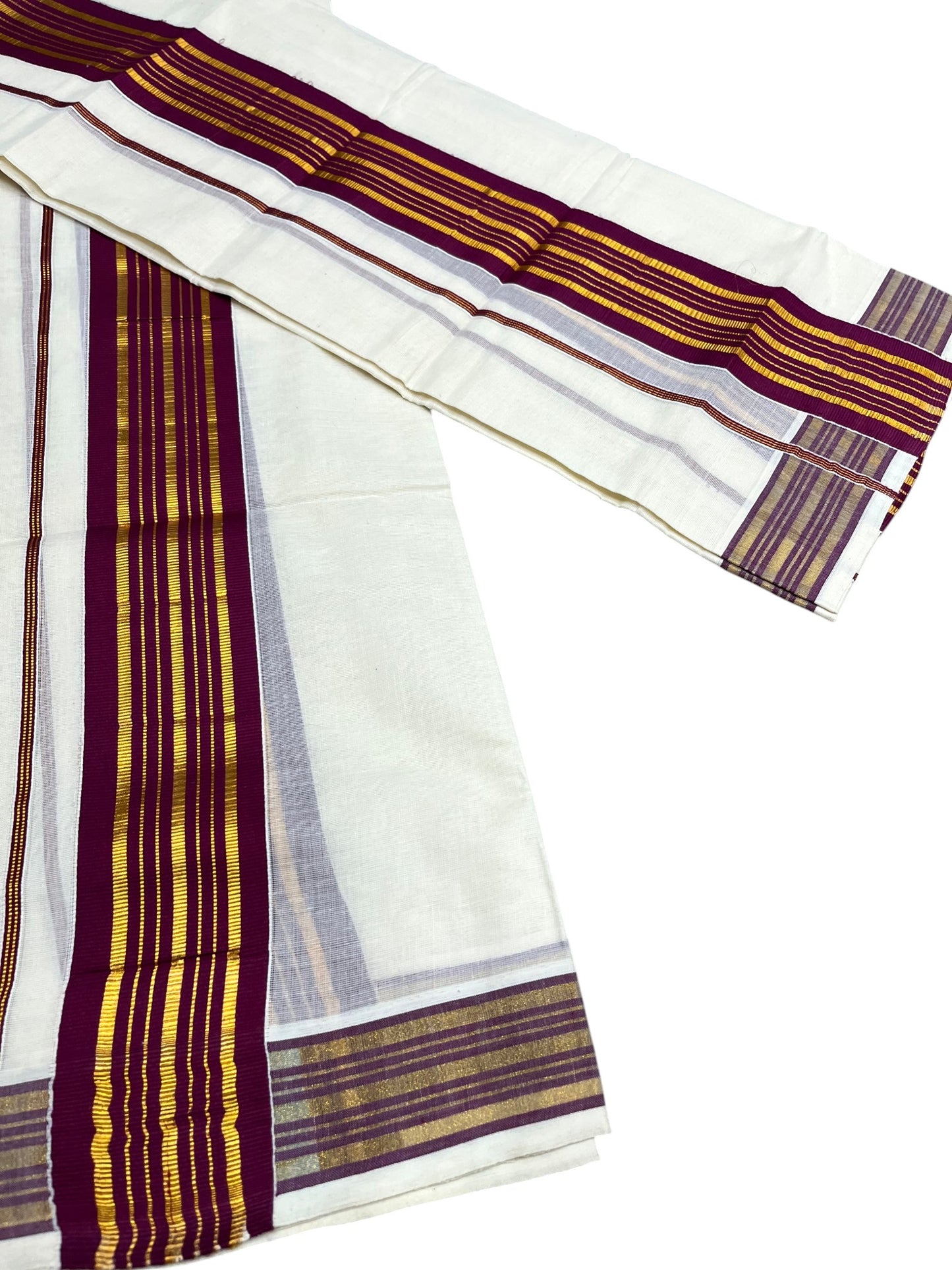 Southloom Kerala Cotton Kasavu Set Mundu (Mundum Neriyathum) with Kasavu and Purple Border 2.80 Mtrs SLKK