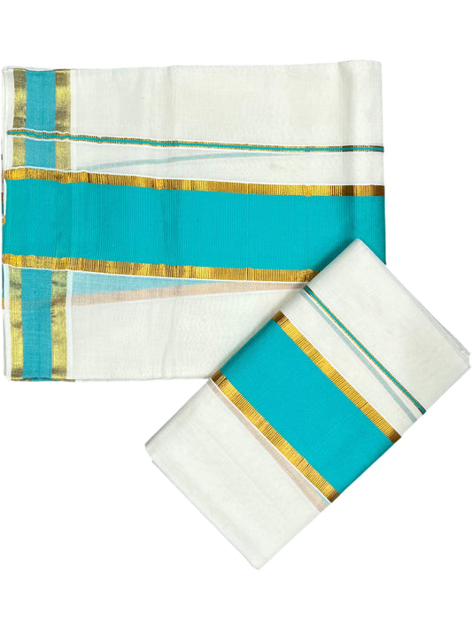 Southloom Kerala Cotton Single Set Mundu (Mundum Neriyathum) with Kasavu and Turquoise Border 2.80Mtrs