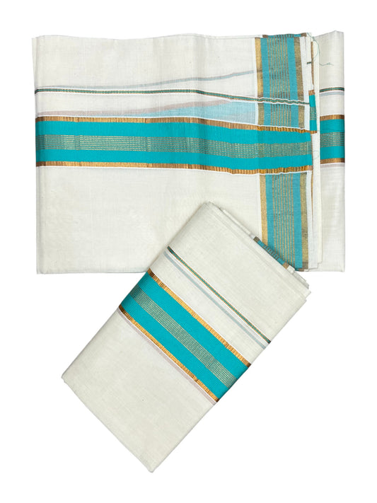 Kerala Cotton Kasavu Single Set Mundu (Mundum Neriyathum) with Turquoise Border in 2.80 Mtrs