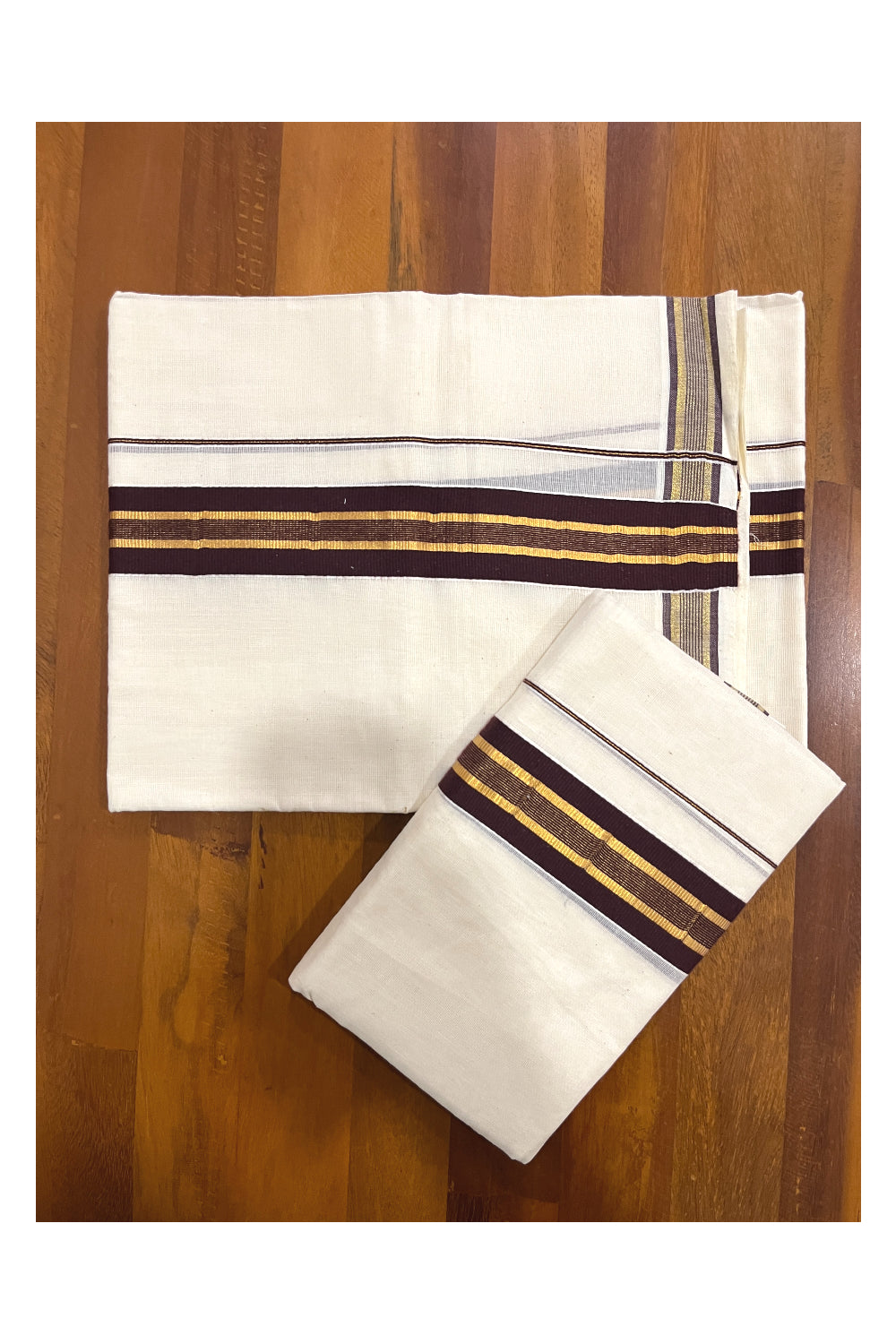 Kerala Cotton Mundum Neriyathum Single (Set Mundu) with Brown and Kasa