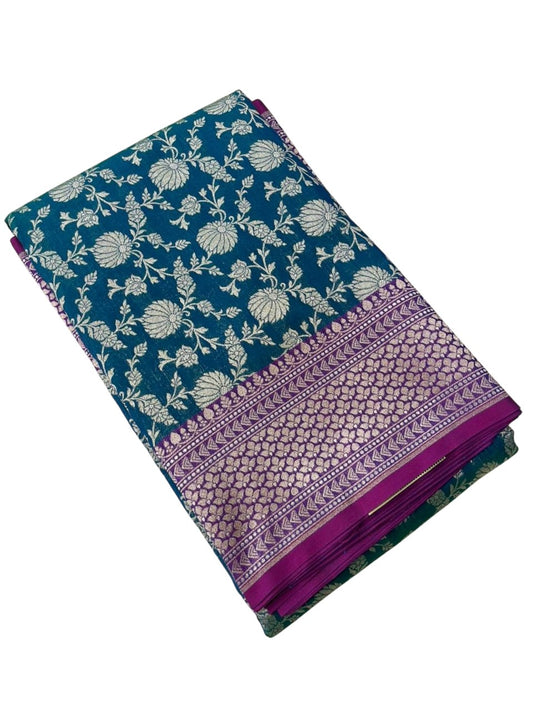 Southloom Pure Banarasi Silk Saree with Woven Work on Body and Borders (Peacock Green Blue And Magenta)