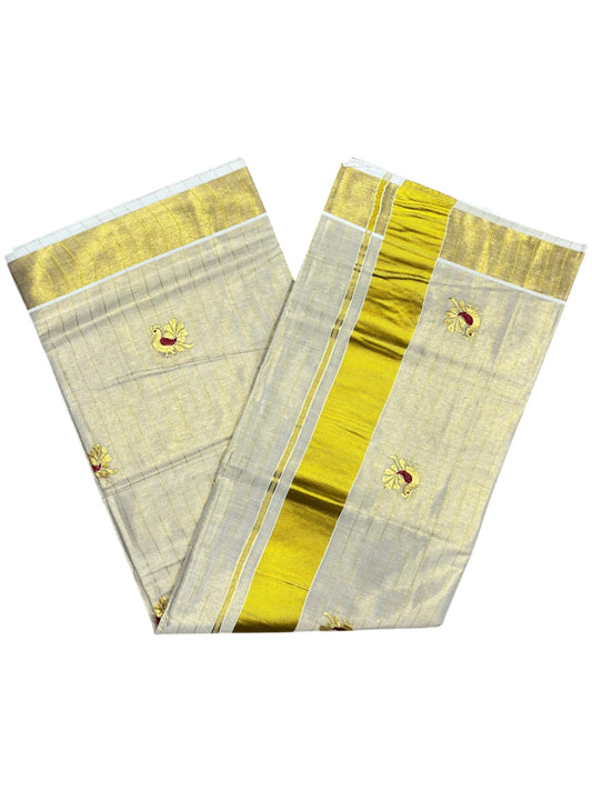 Southloom Tissue Kerala Kasavu Lines Saree with Peacock Embroidery Work on Body in Maroon