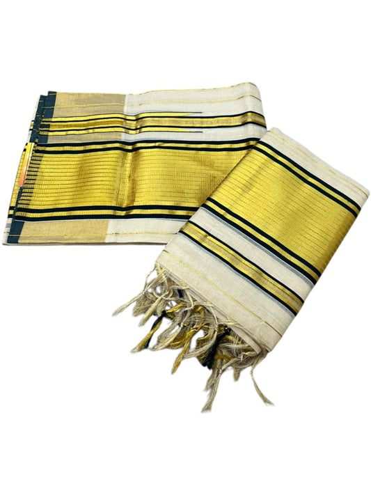 Southloom Premium Tissue Handloom Set Mundu with Chuttikara Kasavu With Green And Golden Border (2.80 Mtr) SL617
