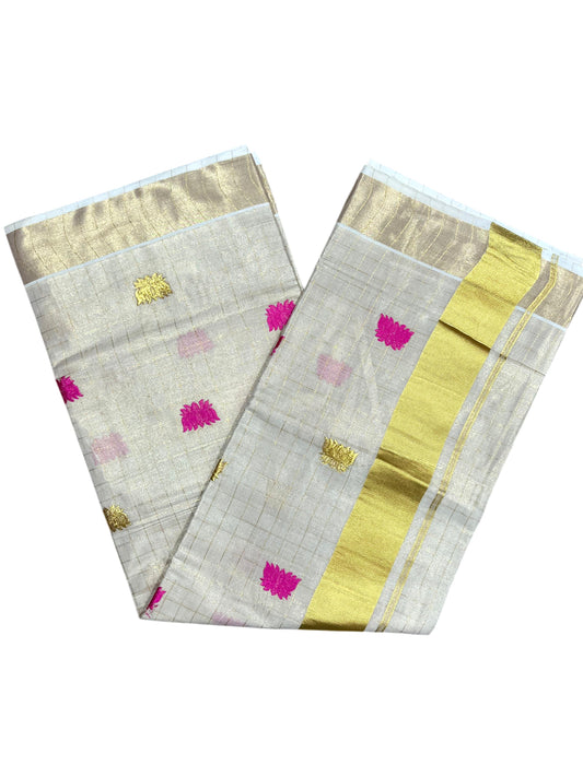 Southloom Kerala Tissue Kasavu Check Saree with Pink Lotus Embroidery Works SL524