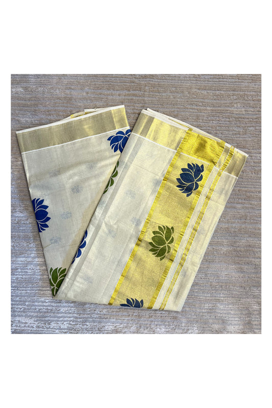 Southloom Kerala Tissue Saree with Green And Blue Lotus Block Prints On Kasavu Border