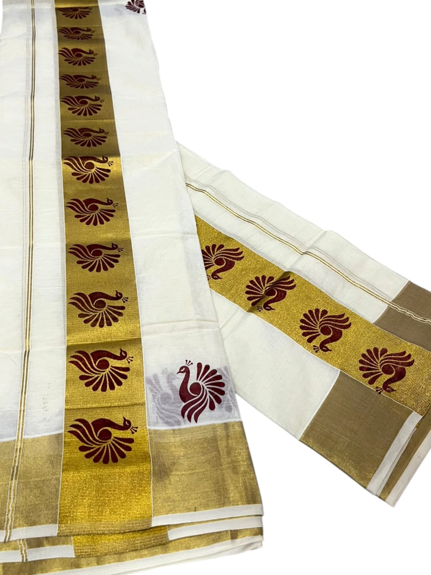 Southloom Pure Cotton Set Mundu with Gold Kasavu and Maroon Floral Digital Print in 2.80 Mtrs SL383