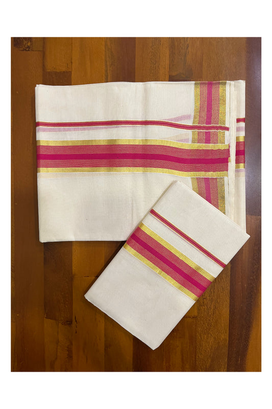 Southloom Kerala Cotton Set Mundu (Mundum Neriyathum) with Dark Pink and Kasavu Border 2.80 Mtrs SLKK