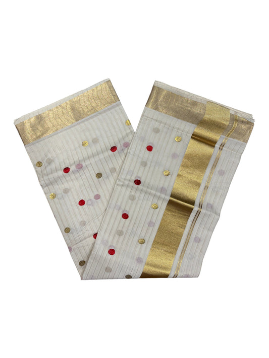 Southloom Kerala Pure Cotton Saree with Gold & Red Polka Embroidery Works on Body