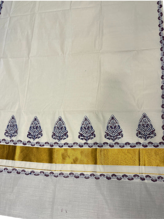 Southloom Cotton Kerala Kasavu Saree with Purpule and Blue Block Prints On Border