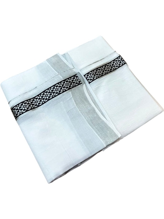 Southloom Pure White Cotton Mundu with Black and Silver Kasavu Border (South Indian Kerala Dhoti)