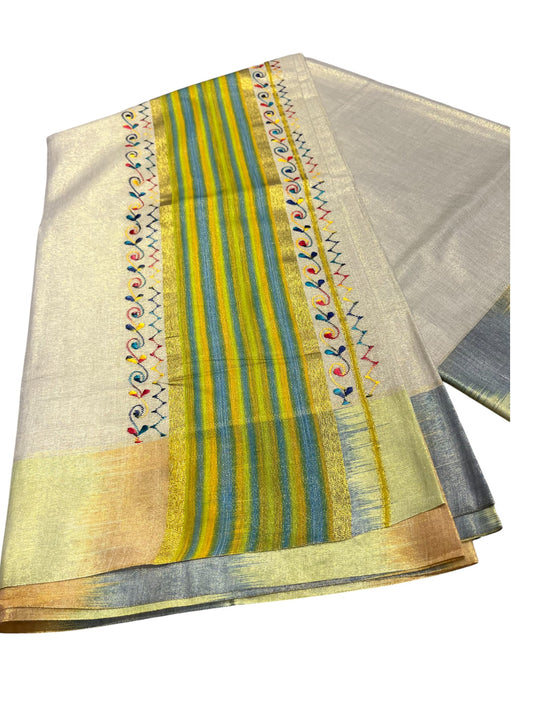 Southloom Kerala Tissue Kasavu Saree with Multi Colour Pochampally Design on Borders and Kara