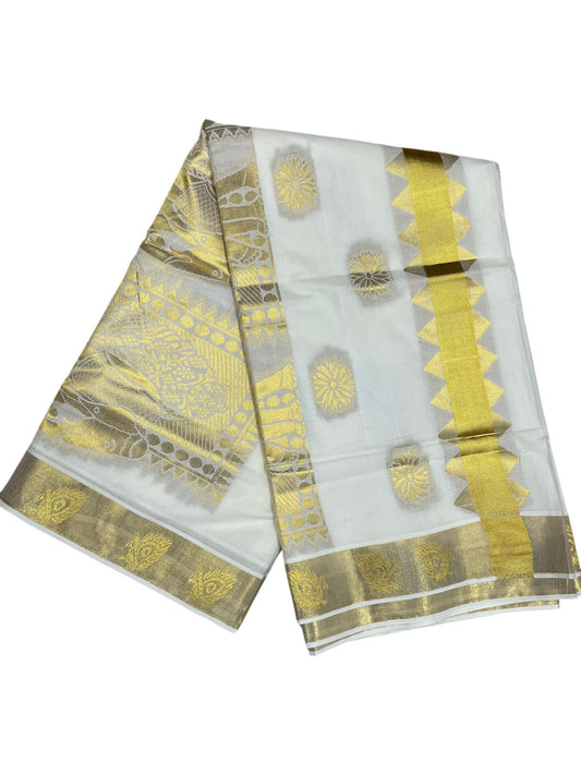 Southloom Kerala Pure Cotton Saree with Floral & Peacock Feather Woven Work on Body