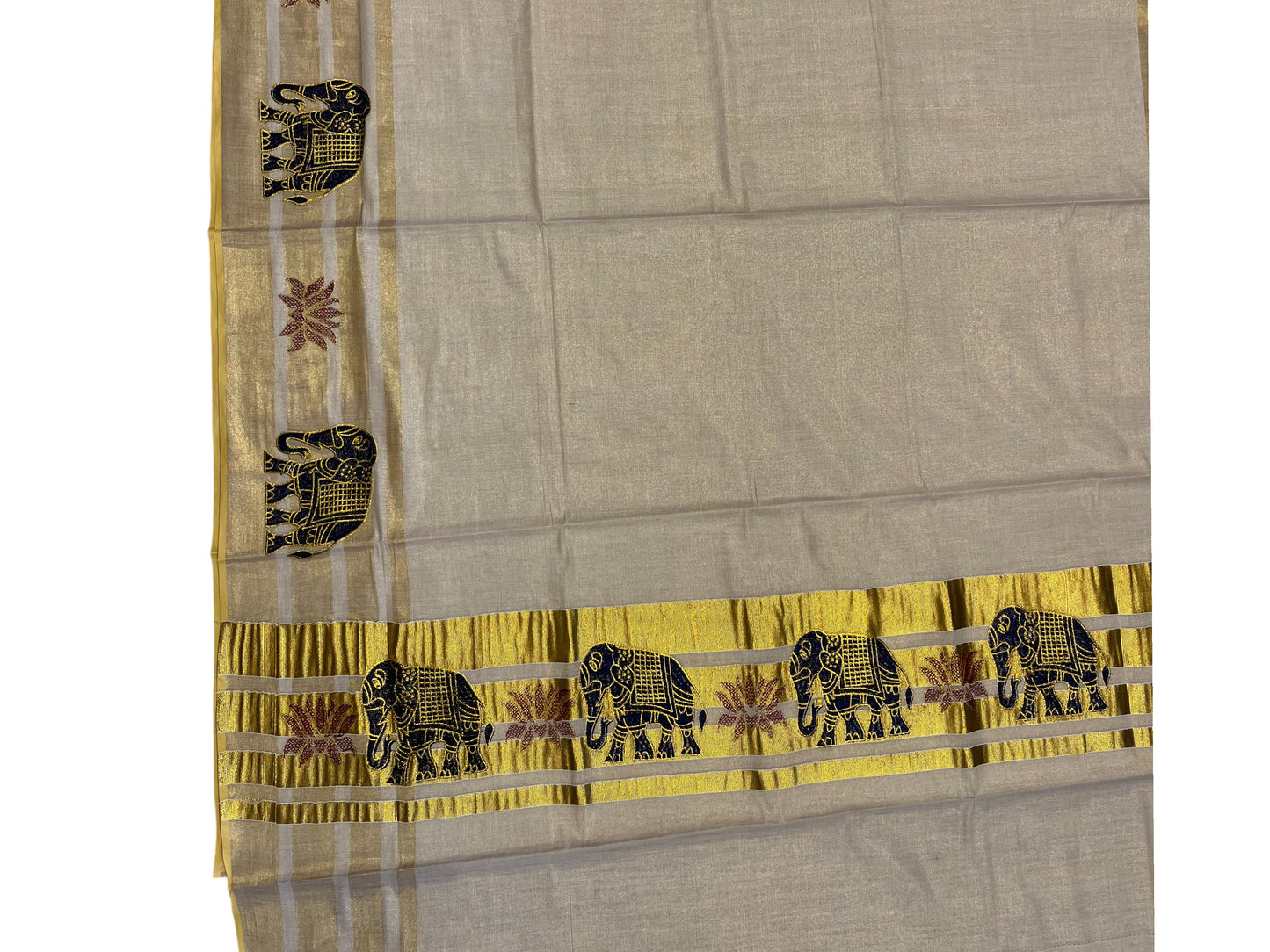Southloom Tissue Kerala Kasavu Lines Saree with Elephant Embroidery Designs on Body