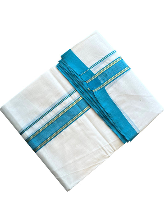 Southloom Pure Cotton Mundu with Golden Lines and Blue Border (South Indian Kerala Dhoti)