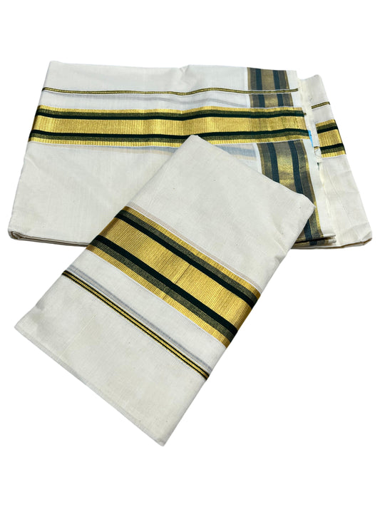 Southloom Pure Cotton Kerala Set Mundu (Mundum Neriyathum) Single with Dark Green and Kasavu Border 2.80 Mtrs SLKK
