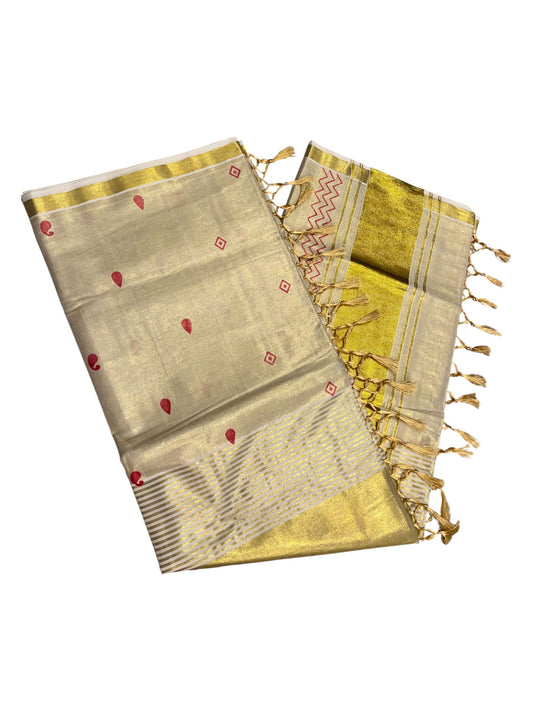 Southloom Kerala Tissue Kasavu Saree Red Hand Printed