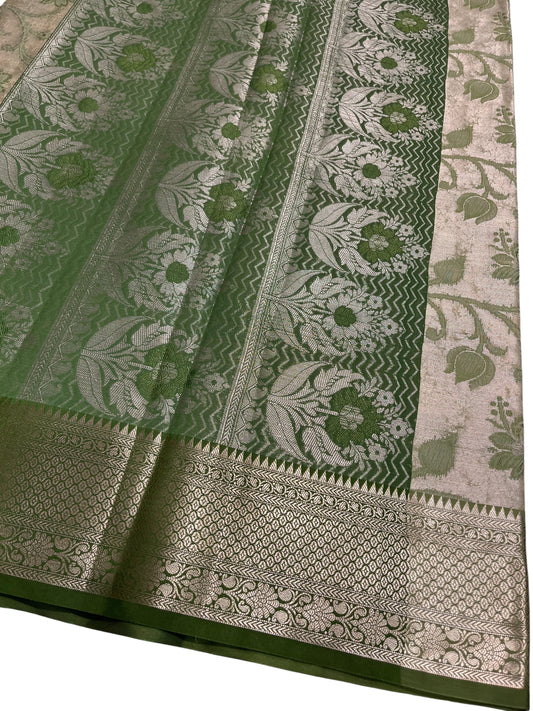 Southloom Tissue Silk Saree with Woven Work on Body and Borders (Beige & Green)
