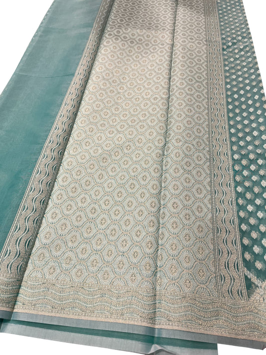 Southloom Cotton Banarasi Silk Saree with Woven Work on Body and Borders (Blue)