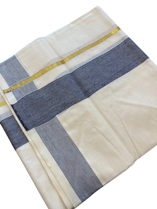 Southloom Kerala Pure Cotton Double Mundu with Gold Lines & Blue Border (South Indian Dhoti)