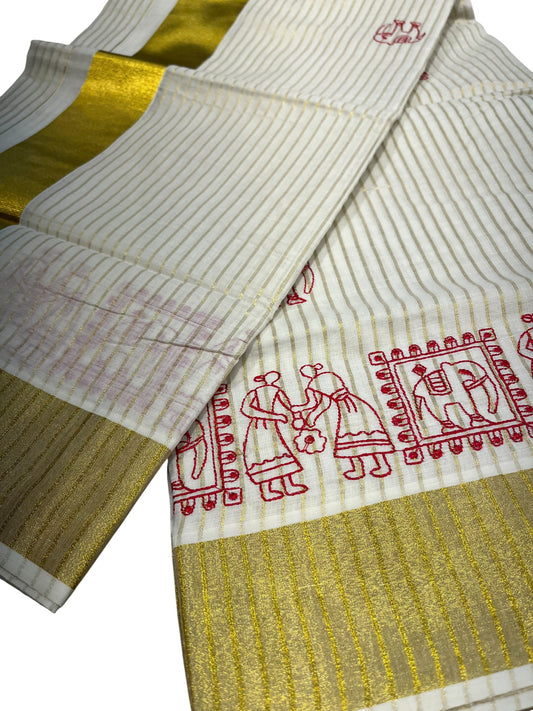 Kerala Cotton Kasavu Saree With Mural Festival Parasol Stripes and Red Elephant Design And Embroidery Work