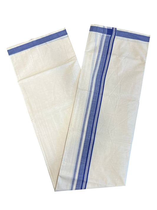 Southloom Pure Cotton Double Mundu With White Lines & Blue Border (South Indian Kerala Dhoti)