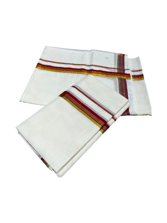 Pure Cotton Kerala Single Set Mundu (Mundum Neriyathum) with Maroon Kasavu Border