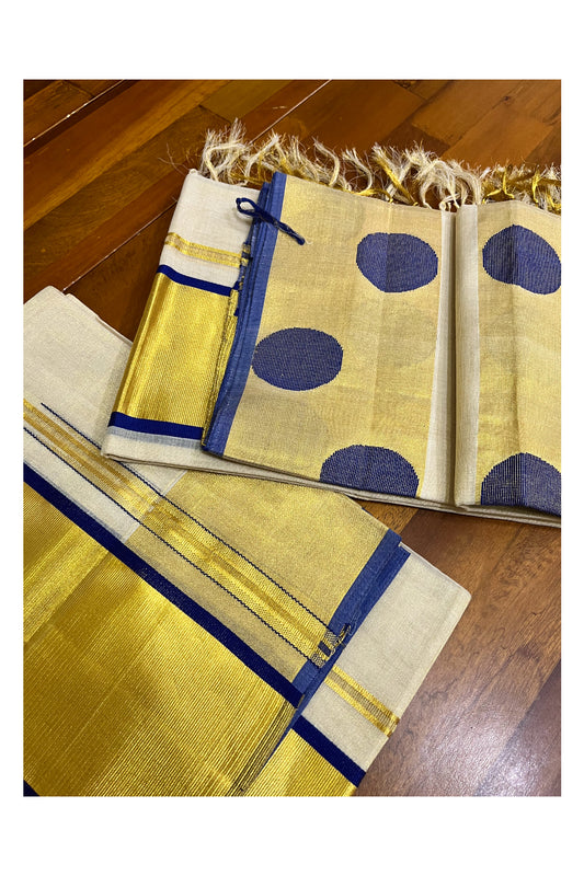 Southloom Handloom Premium Tissue Kasavu Set Mundu With Blue Polka Woven Patterns (Mundum Neriyathum) 2.70 Mtrs