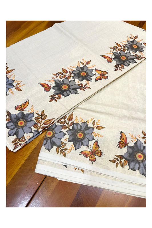 Kerala Tissue Saree with Grey Floral Block Prints On Border