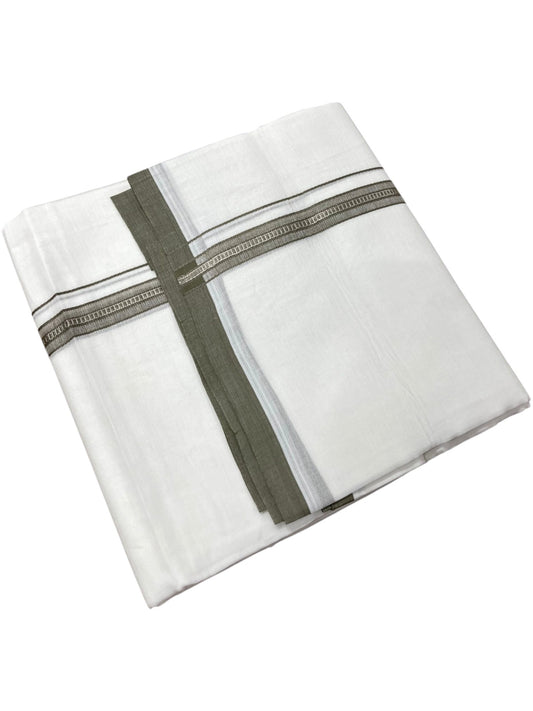 Southloom Pure White Cotton Mundu with Olive Green & Silver Line Border (South Indian Kerala Dhoti)