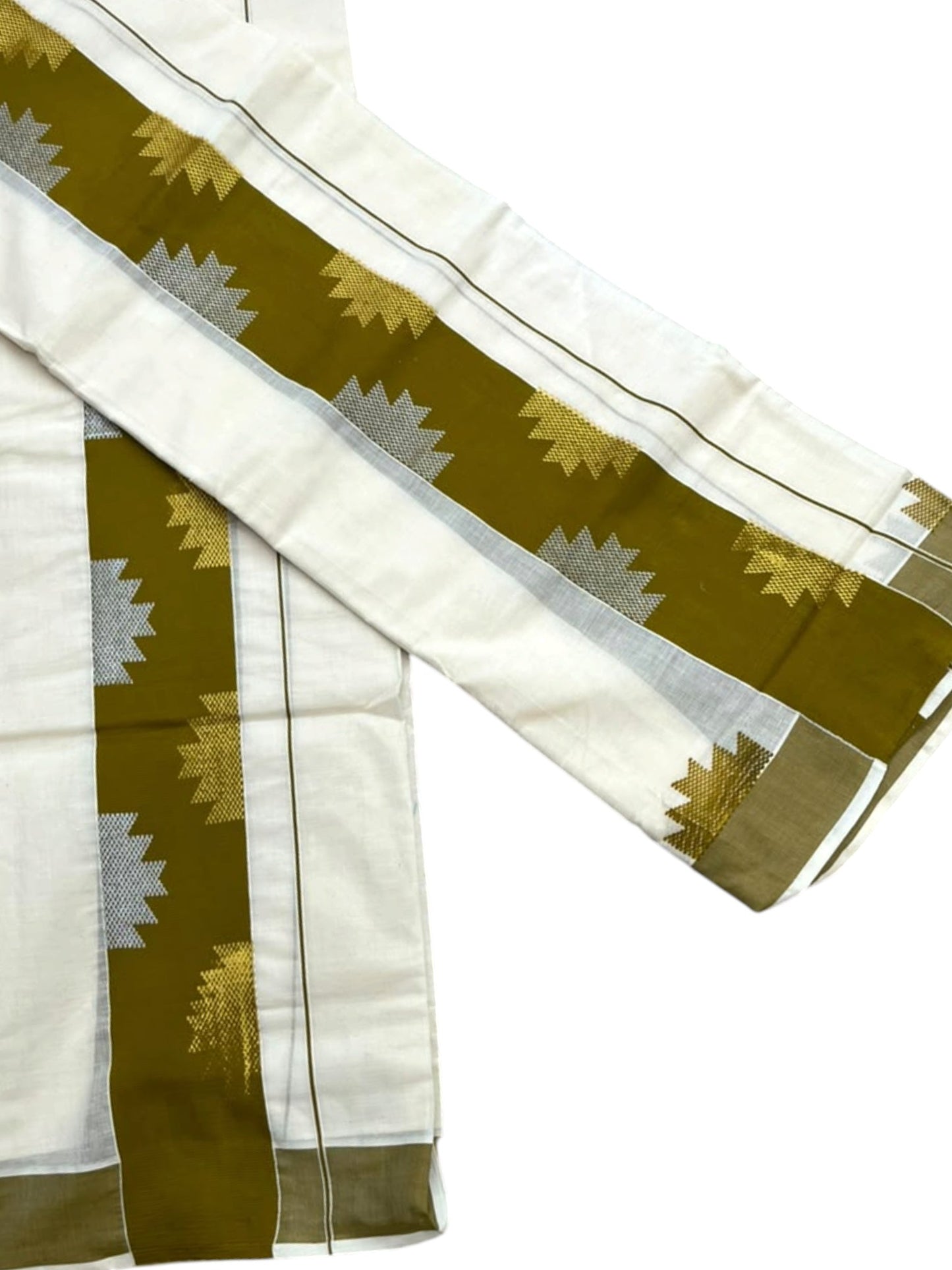 Southloom Pure Cotton Single Set Mundu (Mundum Neriyathum) Temple Design & Olive Green Border