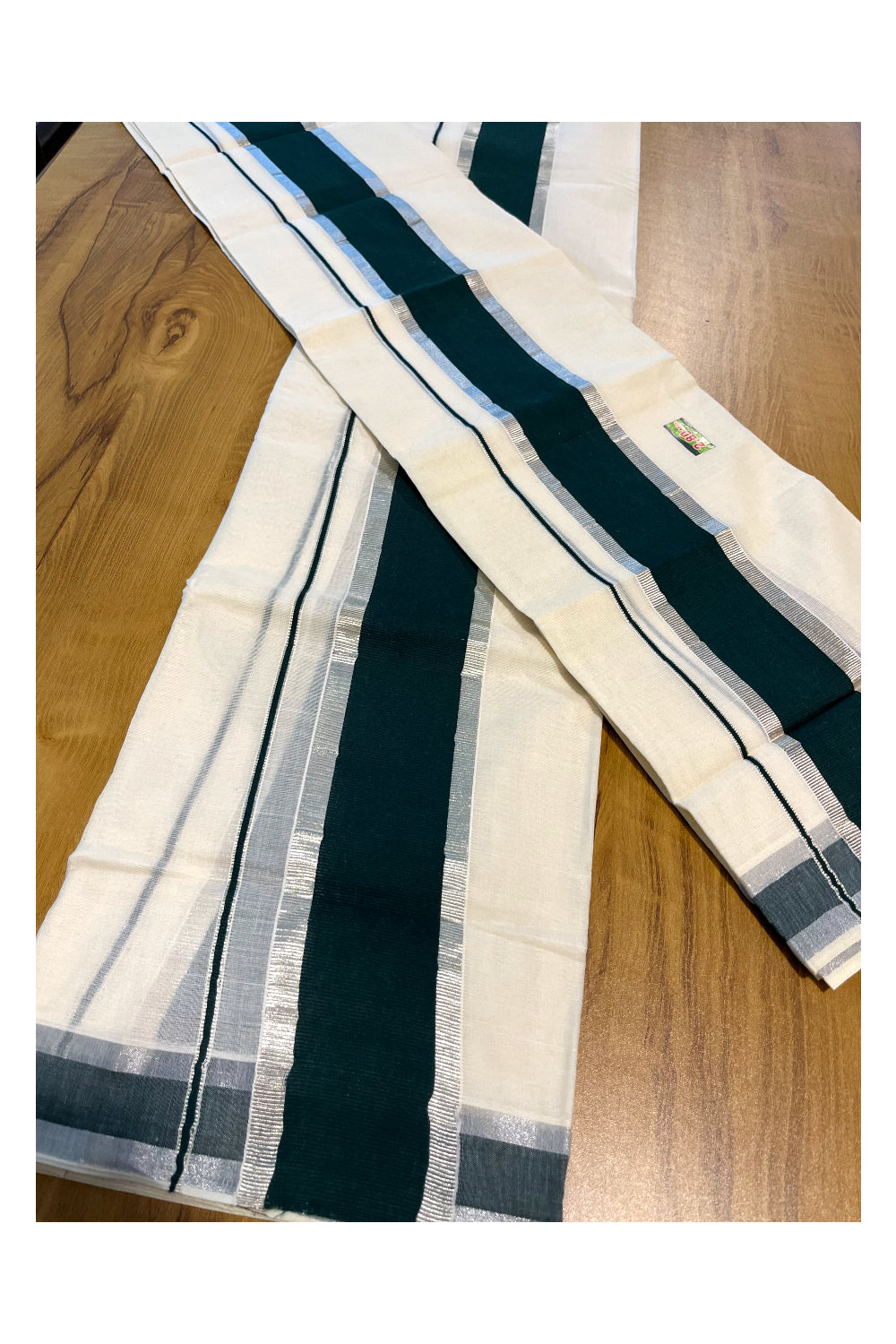 Kerala Cotton Mundum Neriyathum Single (Set Mundu) with Dark Blue and Silver Kasavu Border 2.80 Mtrs SLKK SL470