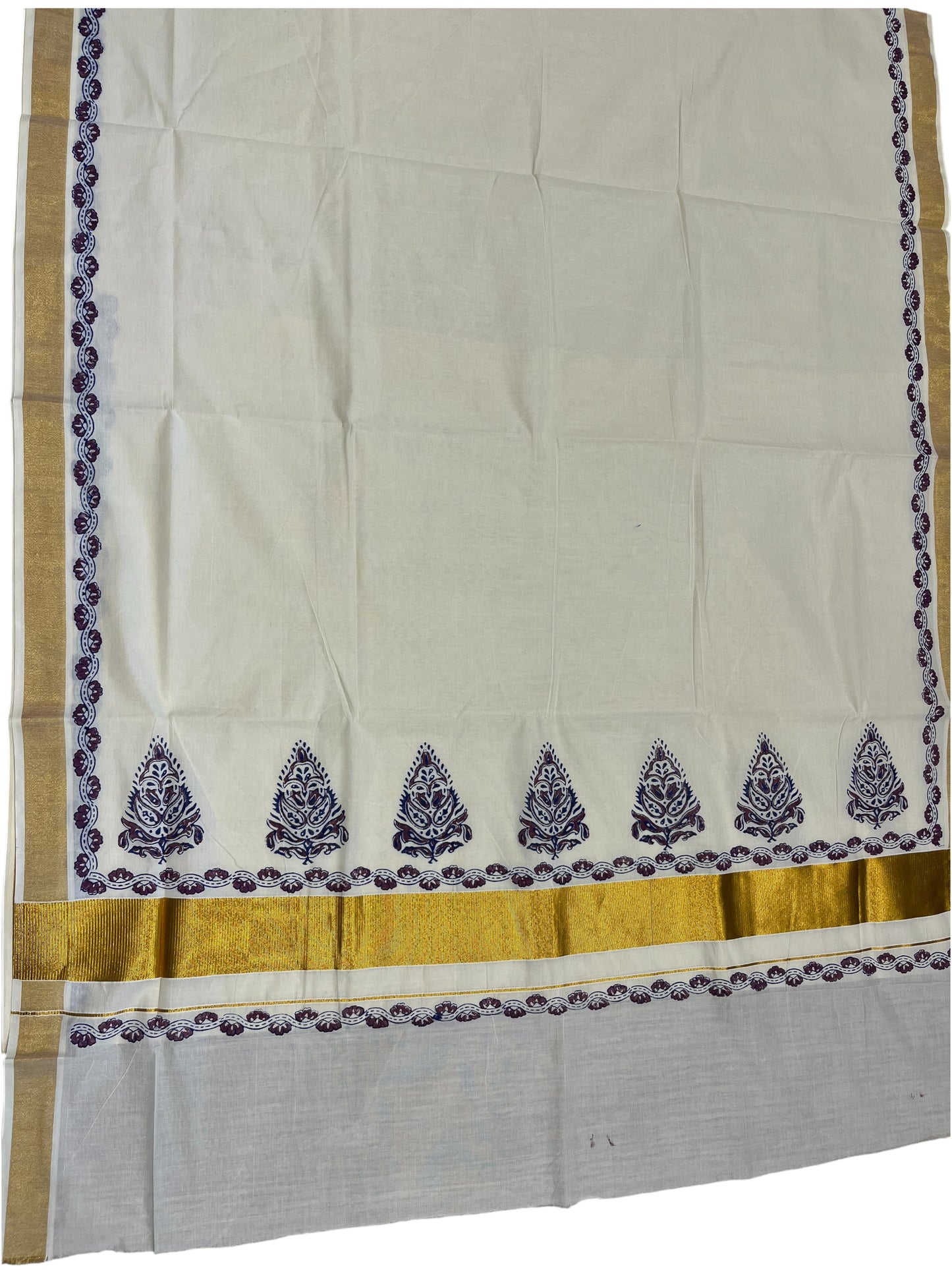 Southloom Cotton Kerala Kasavu Saree with Purpule and Blue Block Prints On Border